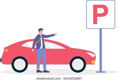 Big road sign parking concept. little people looking for a parking space, parking the car. Public car parking in big city.

