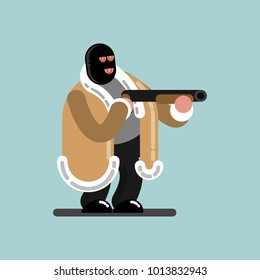 Big robber in mask is ready to shoot