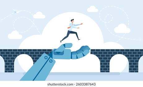 A big robot hand help business man cross problem gap. Support of AI to solve problem, chat bot with ai to help team success. Support with artificial intelligence, Working with AI. Vector illustration.