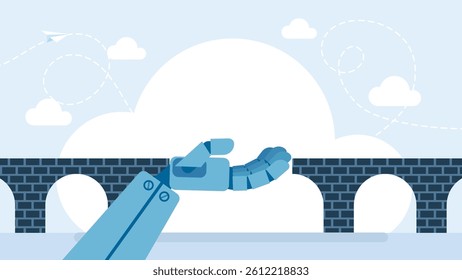 A big robot hand help cross problem gap. Support of AI to solve problem, chat bot with ai to help team success. Support with artificial intelligence, Working with AI. Vector illustration.