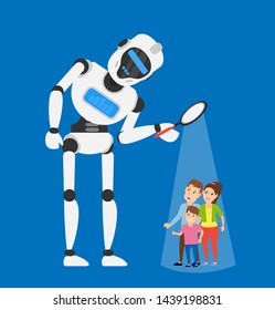 big robot humanoid looking through the magnifying glass on small human family