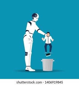 Big robotic hand holding little businessman in order to throw him into trash can. AI replaces human intellect. Business failure. Get fired.cartoon design conceptual vector illustration.