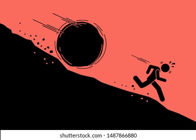 Big rock or boulder rolling down on a man from steep mountain hill slope. Vector concept artwork of danger, risk, problem, and crisis. 