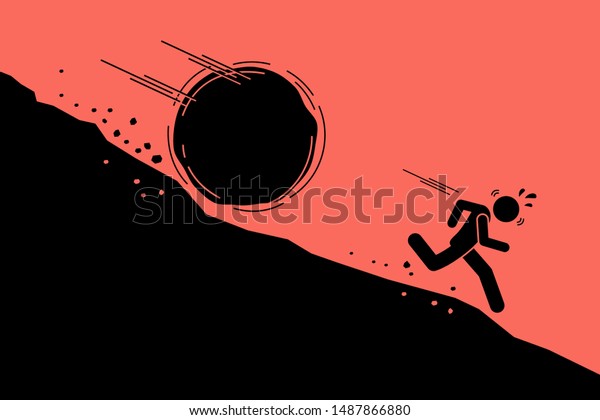 Big rock or boulder rolling down on a man from steep\
mountain hill slope. Vector concept artwork of danger, risk,\
problem, and crisis. 