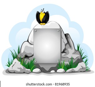 Big rock with plate (pointer) on a crossroads. On top sits a cheerful raven.