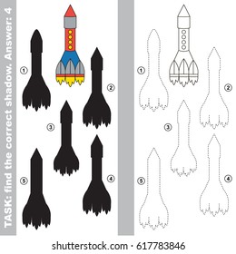 Big Rocket with different shadows to find the correct one, compare and connect object with it true shadow, the educational kid game with simple gaming level.