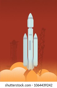 Big rocket with fuel tanks and spaceship launching at eavening, launchpad construction and gas tanks on red background