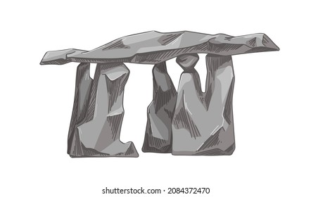 Big rocks construction, ancient dolmen from heavy stone blocks. Large rubbles slabs. Prehistoric megalith. Realistic hand-drawn graphic vector illustration isolated on white background