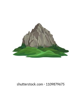 Big rocky mountain surrounded with green plants and grass. Natural landscape for mobile game. Flat vector for travel poster or banner