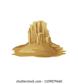 Big rocky mountain surrounded with sand. Desert landscape. Flat vector element for promo poster or banner