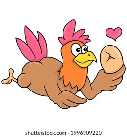 The big rooster is holding the egg waiting for the birth of the little hen, vector illustration art. doodle icon image kawaii.