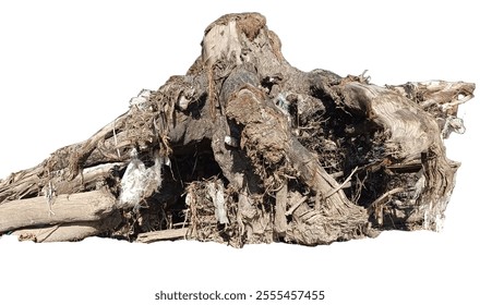 Big Root of Dead tree lying in the bank or river. Dry tree roots isolated. PNG or EPS file with transparent background. Wooden root fallen to the ground.