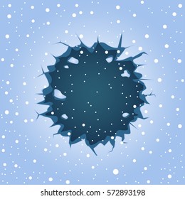 Big round blue ice hole with crack on lake or river and falling large snow. Winter theme graphic vector clipart