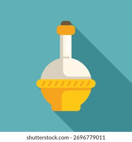 Big round bottom flask standing in a yellow support, laboratory glassware for chemical experiments