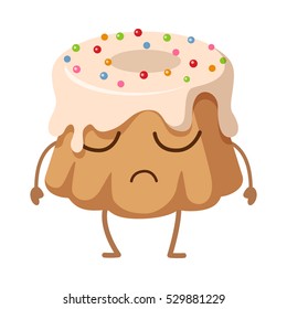 Big round cake with hole inside. Upset cartoon character. Sweets. Illustration of isolated chocolate cupcake with topping and colourful ball bubbles. Simple cartoon style. Flat design. Vector