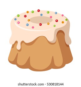 Big round cake with hole inside. Sweets. Illustration of isolated chocolate cupcake with topping and colourful balls. Green, red and blue bubbles. Simple cartoon style. Side view. Flat design. Vector