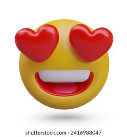 Big round face with heart eyes. Reaction of love. Realistic emoticon in yellow and red colors. Vector illustration in 3d style with shadow and white background