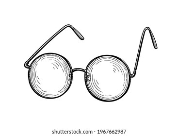 Big round glasses. Ink sketch isolated on white background. Hand drawn vector illustration. Retro style.