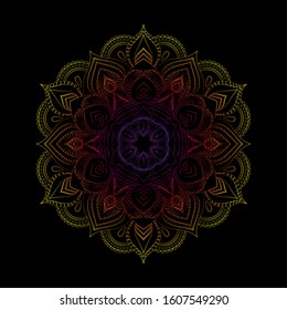 Big Round mandala isolated on black background. Vector illustration mandala for mehndi,tattoo, decor, henna, postcard, cover. Yoga template. 