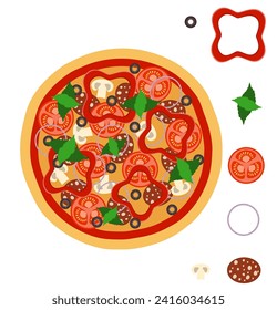 big round pizza with cheese tomato salami olive champignon onion stock vector illustration isolated on white background