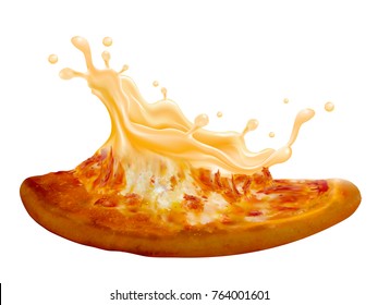 Big round Pizza, splashing cheese and flavored doughy isolated on white background in 3d illustration