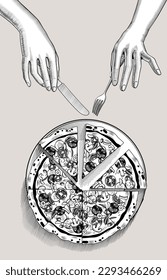 Big round pizza and two hands with fork and knife. Conceptual design of a restaurant menu. Vintage engraving stylized line drawing. Vector illustration