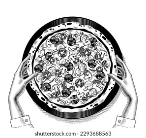 Big round pizza and two hands. Conceptual design of a restaurant menu. Vintage engraving stylized line drawing. Vector illustration