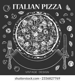 Big round pizza wih ribbon banner, fork and knife. Conceptual design of a restaurant signboard or menu cover. Vintage engraving stylized line drawing. Vector illustration