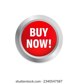 Big round red buy now button. Glossy button. Realistic 3D vector. Vector illustration