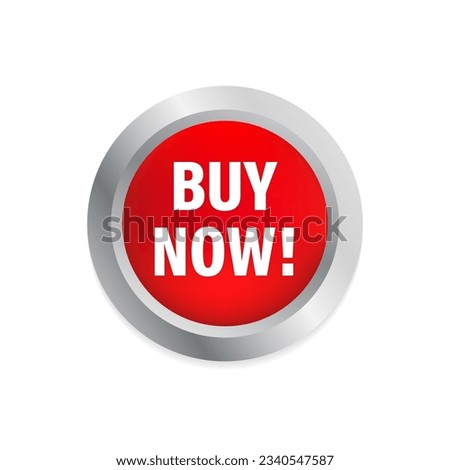 Big round red buy now button. Glossy button. Realistic 3D vector. Vector illustration