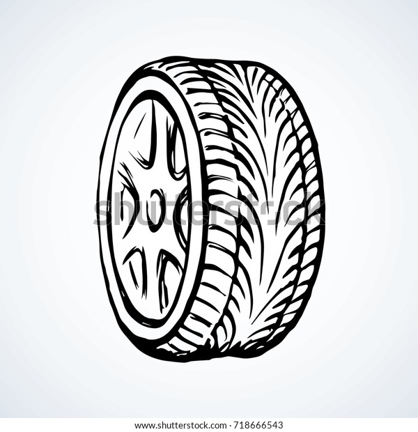 Big round shape tire with grooves on white backdrop.\
Freehand line black ink hand drawn logo sketchy in art retro\
scribble style pen on paper. Closeup detail view with space for\
text on road