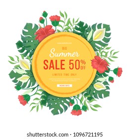 Big round summer sale banner. Flowers and buds of hibiscus, leaves and flowers of monstera, palms. Tropical exotic template poster design for print or web. Vector discount background. 