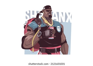 Big Roy Man With Beverage Vector Illustration. Big Black Guy With Muscles Flat Style. Athlete Bodybuilder Person. Sport, Activity And Power Concept. Isolated On White Background