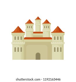 Big royal castle in flat style. Large fortress with high towers and red conical roofs. Vector for mobile game or children book