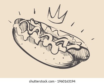 Big royal hot dog with mustard sketch vector illustration