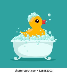 Big Rubber Duck Taking a Bath. Colorful Vector Illustration