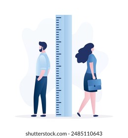 Big ruler measures height of two workers. Colleagues stand near to the measuring ruler. Equality in work and income, feminism. Lack of gender gap and discrimination. Flat vector illustration