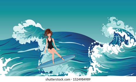 Big rushing sea waves and girl surfer illustration.