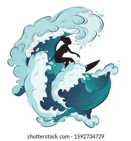 Big rushing sea waves and girl surfer illustration.