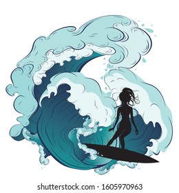 Big rushing sea waves and girl surfer illustration.