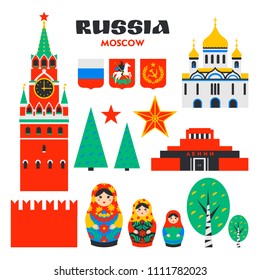 Gran Rusia. Kremlin de Moscú, Matrioshka y birches rusos. Torre Spasskaya del Kremlin, mausoleo en plaza roja en Moscú monumentos nacionales rusos en estilo plano sobre fondo blanco. vectorial