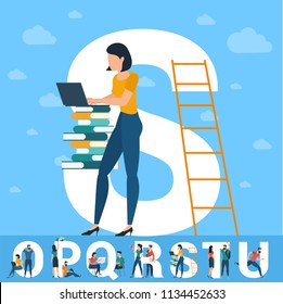 Big S letter. White letter with  young people with  tablets and smartphones and computers sending and sharing  social media posts. Flat design vector typeface initial  concept over sky background.