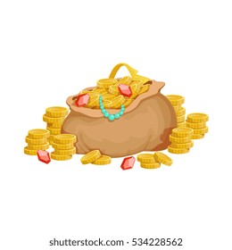 Big Sack With Golden Coins And Jewelry, Hidden Treasure And Riches For Reward.  Game Design Variation