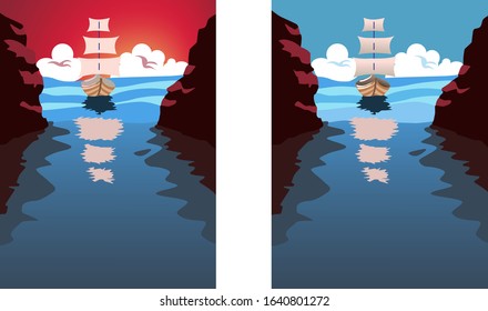Big sail boat approaching a strait. Blue water and clouds in the sky. Holiday, vacation idea. Vector set with different colors