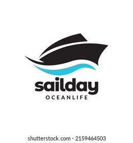 big sail or ship with wave blue logo design, vector graphic symbol icon illustration creative idea