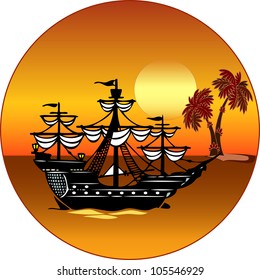Big sailfish floats in the sea at sunset.Sails of the ship rolled up.An illustration is divided into layers.