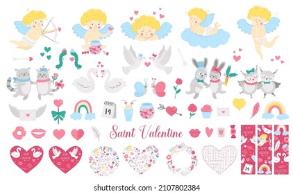 Big Saint Valentine day vector set. Cute characters, cards, designs collection. Cupid, doves, hearts, swans, animal pairs pack. Playful February holiday illustration with love concept
