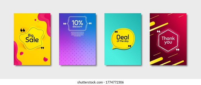 Big sale, 10% discount and Deal of the day. Dynamic cover design. Creative fluid background. Thank you phrase. Sale shopping text. Poster cover template with chat bubble. Vector