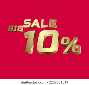 Big sale 10 percent 3Ds Letter Golden, 3Ds Level Gold color, big sales 3D, Percent on red color background, and can use as gold 3Ds letter for levels, calculated level, vector illustration.