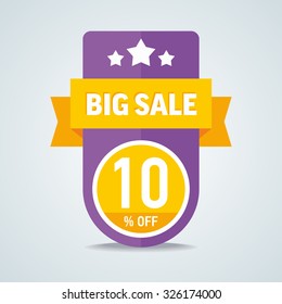 Big sale of 10 percent of the label with a yellow ribbon. Vector illustration.